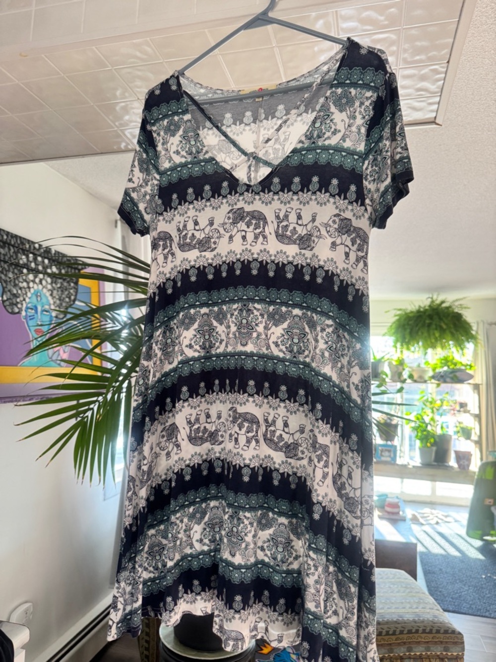 Wishful Park Boho Elephant Print Mini Dress - Mandala Criss-Cross Neck - L